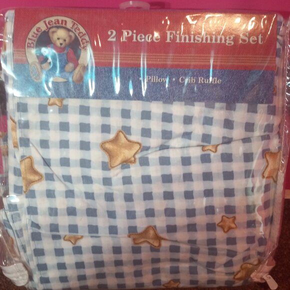 Blue Jean Teddy Nursery Baby 2 Piece Finishing Set Crib Ruffle, Pillow - Picture 1 of 9